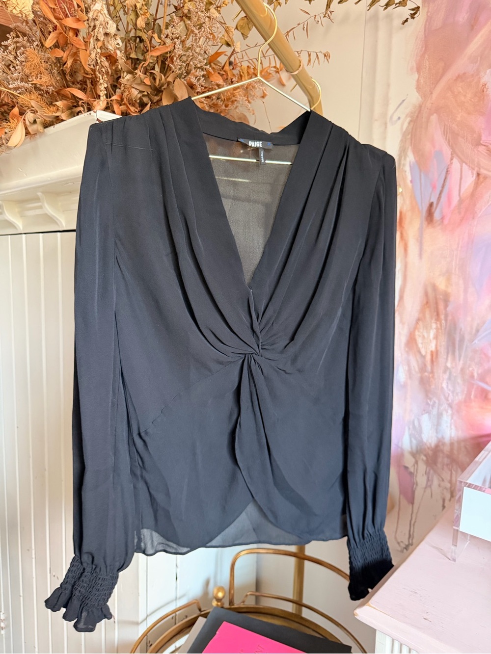 Paige Black Twist-Front Long-Sleeve Blouse